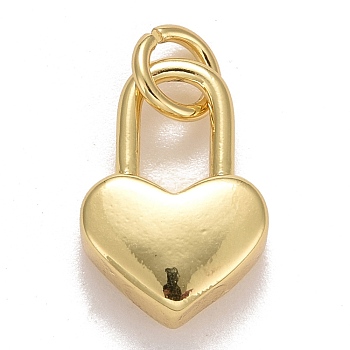 Rack Plating Real 18K Gold Plated Brass Pendants, with Jump Rings, Long-Lasting Plated, Lead Free & Cadmium Free, Lock, Real 18K Gold Plated, 12.5x8.5x3.5mm, Jump Ring: 4.6x0.8mm, 3mm Inner Diameter