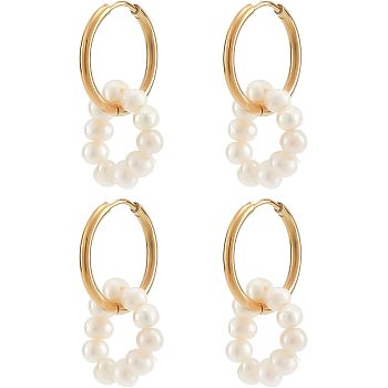 2 Pairs Natural Pearl Beaded Ring Dangle Hoop Earrings for Girl Women, Golden, 33mm, Pin: 1mm