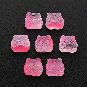 Two Tone Transparent Spray Painted Glass Beads, Chinese Zodiac Signs Tiger, Hot Pink, 11.5x12x8mm, Hole: 1mm