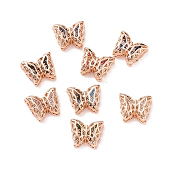 Eco-friendly Brass Cubic Zirconia Multi-Strand Links, Cadmium Free & Lead Free, Butterfly, Rose Gold, Mixed Color, 10x12x5mm, Hole: 1.2mm