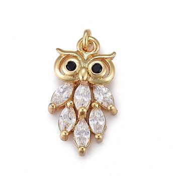 Brass Micro Pave Clear Cubic Zirconia Pendants, Owl, Real 18K Gold Plated, 15x8.5x4.1mm, Hole: 3mm