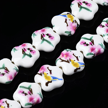 Handmade Porcelain Ceramic Beads Strands, Flower Printed, Flower, Violet, 14x15x6mm, Hole: 1.8mm, about 23pcs/strand, 12.4 inches(31.5cm)