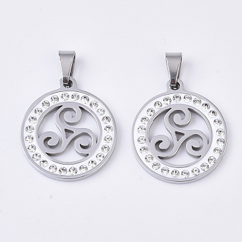 201 Stainless Steel Pendants, with Random Size Snap On Bails and Polymer Clay Crystal Rhinestones, Flat Round with Triskele/Triskelion, Stainless Steel Color, 23x20x2.5mm, Hole: 8~10x3~5mm