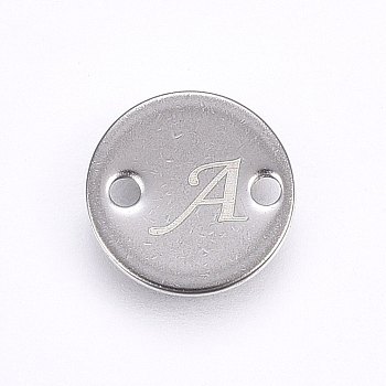 201 Stainless Steel Links connectors, Flat Round, Letter.A, Stainless Steel Color, 10x1mm, Hole: 1.5mm