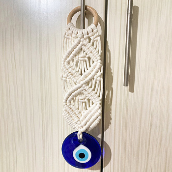 Cotton Cord Macrame Woven Wall Hanging, Glass Evil Eye Hanging Ornament with Wood Rings, for Home Decoration, Antique White, 260mm