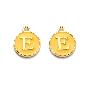 Golden Plated Alloy Enamel Charms, Enamelled Sequins, Flat Round with Alphabet, Letter.E, Yellow, 14x12x2mm, Hole: 1.5mm