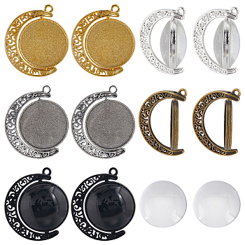 10Pcs 5 Colors Alloy Pendant Cabochon Settings, Swivel Flat Round with Moon, with 20Pcs Transparent Glass Cabochons, Mixed Color, Tray: 24.8mm, 39x34x3.3mm, Hole: 2.1mm, 2pcs/color