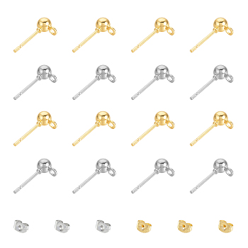 Unicraftale Iron Ball Stud Earring Findings, with Loop and 304 Stainless Steel Ear Nuts, Golden & Stainless Steel Color, 240pcs/set