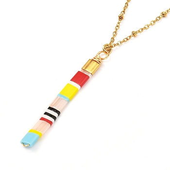 Vertical Bar Japanese Seed Beads Pendant Necklace for Girl Women, Golden, Sky Blue, 15.94 inch(40.5cm)