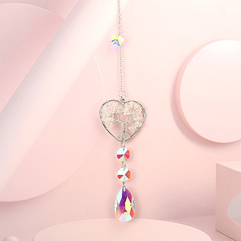 Wire Wrapped Natural Quartz Crystal Heart with Tree of Life Pendant Decorations, Glass Teardrop Tassel Suncatchers for Window Hanging Ornaments, 375mm