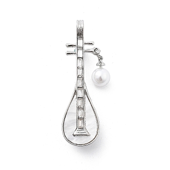 Alloy Brooch, with Rhinestone, Acrylic and ABS Imitation Pearl, Pipa, Platinum, 53x15.5mm