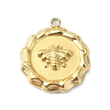 Ion Plating(IP) 304 Stainless Steel Pendants, Real 18K Gold Plated, Flat Round Charm, Bees, 16.5x14x3mm, Hole: 1.5mm