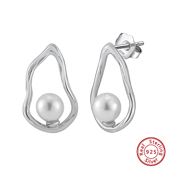 925 Sterling Silver Stud Earrings, with Shell Pearl, Real Platinum Plated, 19.5x12mm