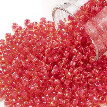 TOHO Round Seed Beads, Japanese Seed Beads, (979) Luminous Light Topaz/Neon Pink Lined, 8/0, 3mm, Hole: 1mm, about 220pcs/10g