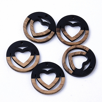 Resin & Walnut Wood Pendants, Ring with Heart, Black, 25x3mm, Hole: 1.8mm