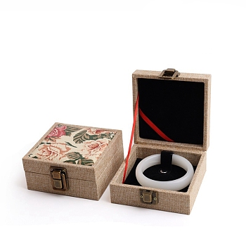 Flower Print Linen Jewelry Storage Box, Jewelry Display Case, for Bracelets Storage, BurlyWood, 11x11x5.3cm