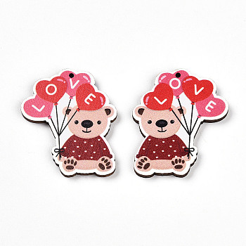 Printed Wood Pendants, Valentine's Day Style, Bear, 37.8x32x2.9mm, Hole: 1.6mm