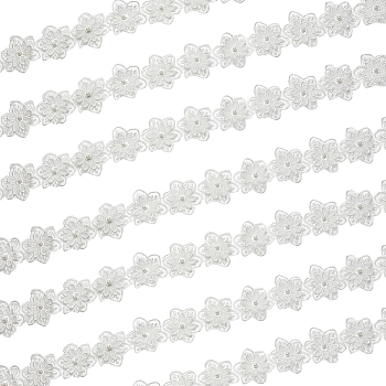 Organza Ribbon, with ABS Plastic Imitation Pearl Bead, Flower, White, 2-3/8 inch(60mm), about 5.00 Yards(4.57m)/Roll