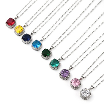 Square Brass Pave Cubic Zirconia Pendant Necklaces for Women, 304 Stainless Steel Cable Chain Necklaces, Stainless Steel Color, Mixed Color, 17.72 inch(45cm)