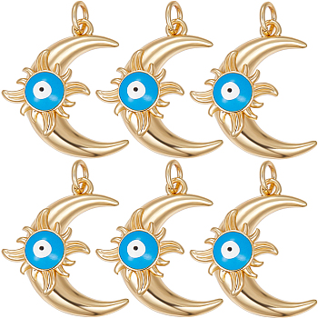 8Pcs Eco-Friendly Brass Enamel Pendants, with Jump Ring, Moon with Evil Eye Charm, Real 18K Gold Plated, 21x18x6mm, Hole: 3.5mm