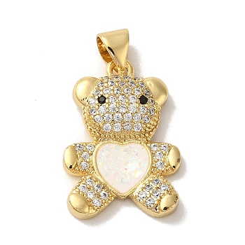 Rack Plating Brass Micro Pave Clear Cubic Zirconia Pendants, Heart Bear Charms with Synthetic Opal, Real 18K Gold Plated, Cadmium Free & Lead Free, Long-Lasting Plated, White, 21.5x14.5x4mm, Hole: 3.5x3mm
