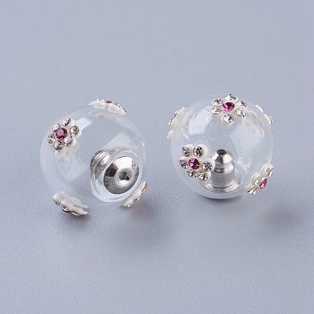 Blown Glass Globe Ball Bottles, for Stud Earring Making, with Ear Nuts, with Rhinestone and Brass Findings, Round with Flower, Clear, 13.5~15x15mm, Hole: 0.5mm