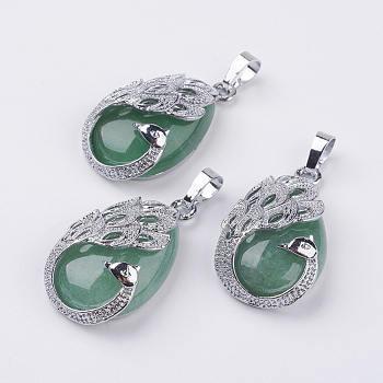 Natural Green Aventurine Pendants, with Brass Finding, Teardrop with Peacock, Platinum, 33x20x10.5mm, Hole: 5x6.5mm