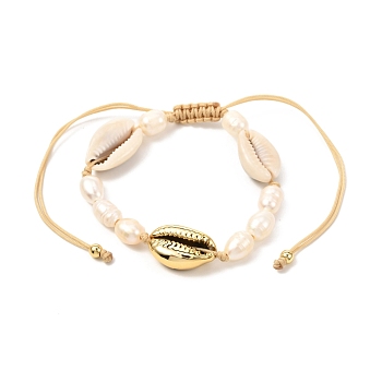 Natural Pearl & Cowrie Shell Braided Bead Bracelet for Teen Girl Women, Golden, Pale Goldenrod, Inner Diameter: 1-3/4~3-7/8 inch(4.5~9.9cm)