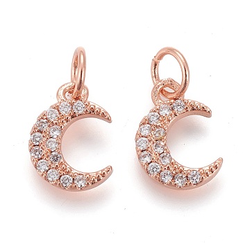 Brass Micro Pave Clear Cubic Zirconia Charms, Long-Lasting Plated, with Jump Rings, Moon, Rose Gold, 10x8x1.6mm, Hole: 3.6mm, jump ring: 5x0.6mm