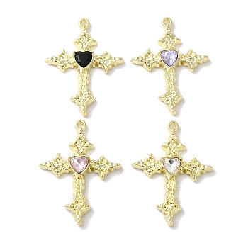 Rack Plating Alloy Pendants, with Rhinestone, Cadmium Free & Nickel Free & Lead Free, Cross with Heart, Mixed Color, Golden, 39x29x5mm, Hole: 1.8mm