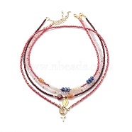 4Pcs 4 Style Cross and Virgin Mary Brass & Alloy Charms Necklaces Set, Natural Mixed Stone & Pearl & Glass Beaded Stackable Necklaces for Women, Dark Red, 15.28~20.08 inch(38.8~51cm), 1Pc/style(NJEW-JN04018)