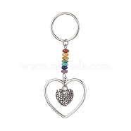 Heart Alloy Pendant Keychain, with Chakra Gemstone Chip and Iron Split Key Rings, Heart, 7.4cm(KEYC-JKC00626-04)