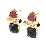 Ion Plating(IP) Natural Apatite and Natural Rhodonite Stud Earring Findings, with Golden Plated Brass Findings, Square, 25x16mm(EJEW-U014-01B)