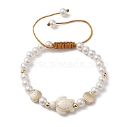 Adjustable Synthetic Turquoise & ABS Plastic Pearl Braided Bead Bracelet, Turtle, Inner Diameter: 2~3-1/2 inch(5~9cm)(BJEW-JB10101-01)