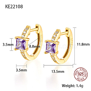 Real 18K Gold Plated 925 Sterling Silver Hoop Earrings, Square Cubic Zirconia Earrings, with S925 Stamp, Lilac, 11.8x13.5mm(ZC1005-1)