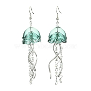 Iron Dangle Earrings, with Glass & 304 Stainless Steel Pendnat, Flower, Platinum, Teal, 90mm(EJEW-FS00020)