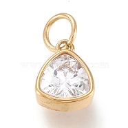 Vacuum Plating 304 Stainless Steel Cubic Zirconia Pendant, Triangle, Golden, Clear, 12.5x9.5x5mm, Hole: 5mm(X-ZIRC-P080-A09)