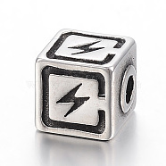 304 Stainless Steel Beads, Cube with Lightning Bolt, Antique Silver, 9x8x8mm, Hole: 3mm(STAS-E425-014AS-8mm)