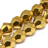 Electroplate Non-magnetic Synthetic Hematite Beads Strands, Faceted Round, Golden Plated, 9x10x9mm, Hole: 1mm, about 43pcs/strand, 15.7 inch(G-T061-32B)