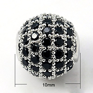 Brass Cubic Zirconia Beads, Round, Platinum, 10mm, Hole: 1.5mm(ZIRC-D009-02P)