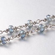 Trendy Handmade Faceted Rondelle Glass Beads Chains for Necklaces Bracelets Making, with Iron Spacer Beads and Iron Eye Pin, Unwelded, Platinum, Light Steel Blue, 39.3 inch, about 60pcs/strand(AJEW-JB00123-03)