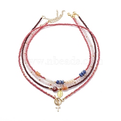 4Pcs 4 Style Cross and Virgin Mary Brass & Alloy Charms Necklaces Set, Natural Mixed Stone & Pearl & Glass Beaded Stackable Necklaces for Women, Dark Red, 15.28~20.08 inch(38.8~51cm), 1Pc/style(NJEW-JN04018)