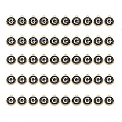 Golden Plated Alloy Charms, with Enamel, Enamelled Sequins, Flat Round, Black, Letter.G, 14x12x2mm, Hole: 1.5mm, 50pcs/Box(ENAM-SZ0001-25B-G)
