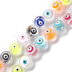 Transparent Evil Eye Glass Beads Strands, with Enamel, Faceted, Flat Round, Mixed Color, 10x8~8.5mm, Hole: 1.4mm, about 40pcs/strand, 14.57''(37cm)(LAMP-K037-06A)