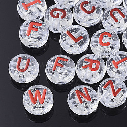 Plating Transparent Acrylic Beads, with Glitter Powder, Metal Enlaced, Horizontal Hole, Flat Round with Letter, Red, 10x6mm, Hole: 1.8mm(X-MACR-T032-03D)