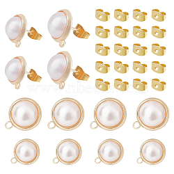 ARRICRAFT 16Pcs 2 Size Brass Stud Earring Findings, with Horizontal Loops & ABS Plastic Imitation Pearl Beads & 20Pcs Iron Ear Nuts, Dome/Half Round, Golden, 15.5x13mm, Pin: 1mm, 12.5x10mm, Pin: 0.8mm, Hole: 1.8mm, 8Pcs/size(KK-AR0002-64)