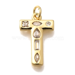 Brass Micro Pave Clear Cubic Zirconia Pendants, with Jump Ring, Lead Free and Cadmium Free, Long-Lasting Plated, Rack Plating, Letter Charms, Real 18K Gold Plated, Letter T, 20x12.5x2.7mm, jump ring: 5x1mm, 3mm inner diameter.(KK-G521-01G-T)