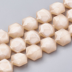 Opaque Solid Color Glass Beads Strands, Faceted, Hexagon, PeachPuff, 15x14x8mm, Hole: 1mm, about 24pcs/strand, 14.17 inch(36cm)(GLAA-N032-01K)