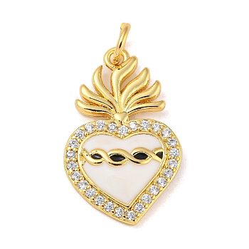 Rack Plating Brass Micro Pave Cubic Zirconia Pendants, with Enamel & Jump Ring, Cadmium Free & Lead Free, Long-Lasting Plated, Real 18K Gold Plated, Sacred Heart, Black, 22x13.5x3mm, Hole: 3.4mm