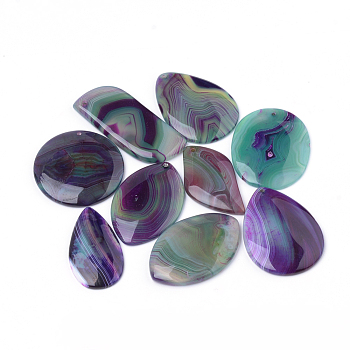 Natural Striped Agate/Banded Agate Pendants, Dyed, Mixed Shape, Indigo, 36~63x35~47x5.5~6mm, Hole: 2mm